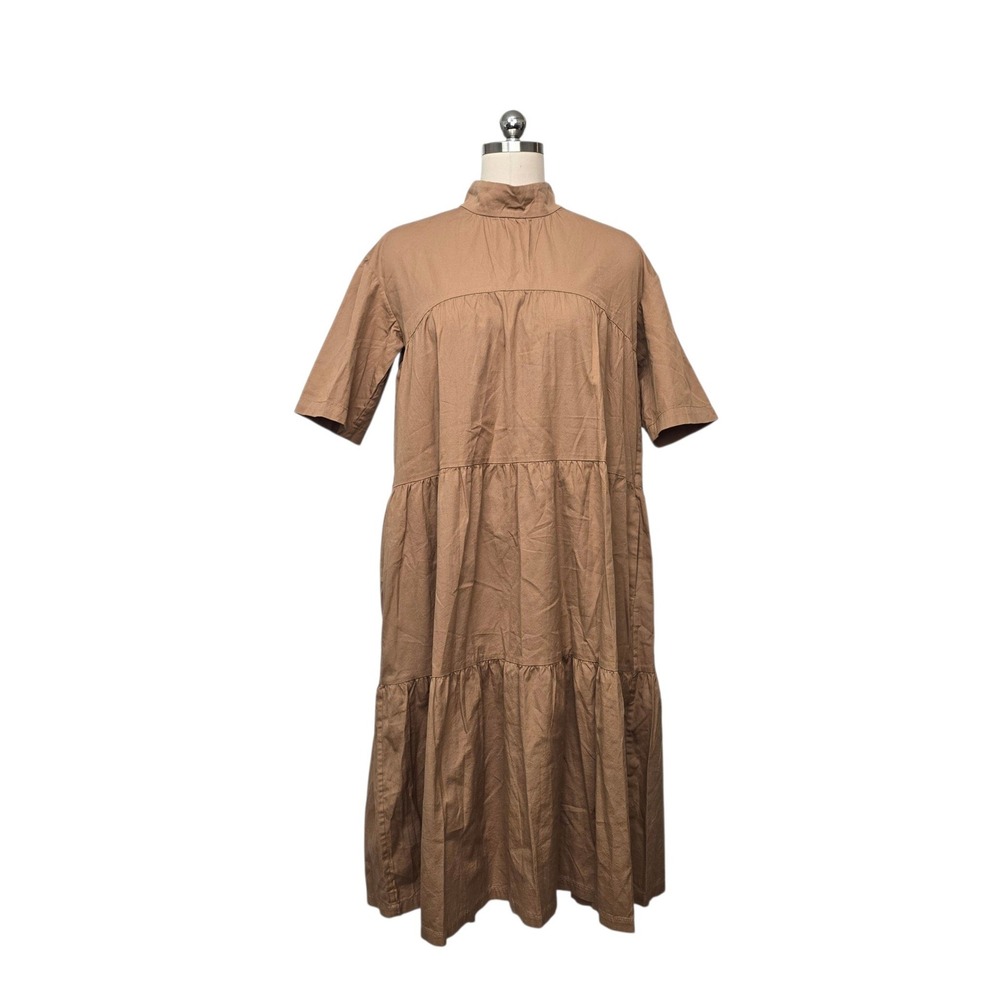 Everlane Women Brown Cotton Tiered Mock Neck Midi Dress Short Sleeve Size Small